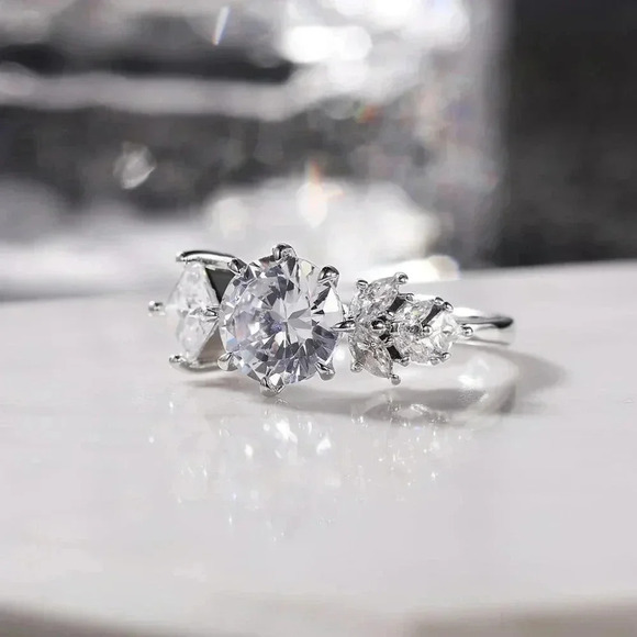 ▶CZ Square Leaf 925 Silver Plated Wedding/Engagement Ring for Women, K940 - Picture 7 of 10